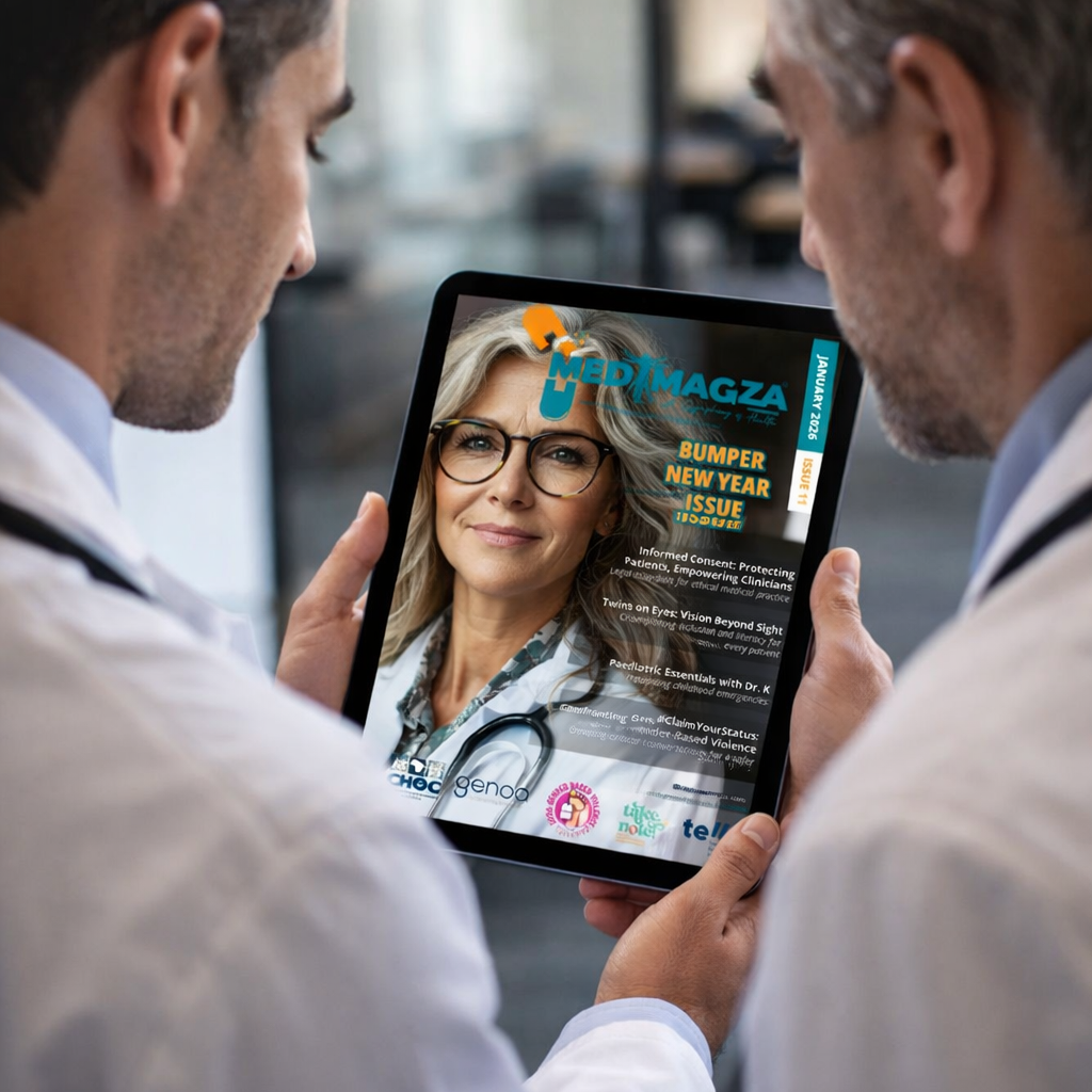 Clinicians reading the MEDIMAGZA Clinician Edition on a tablet