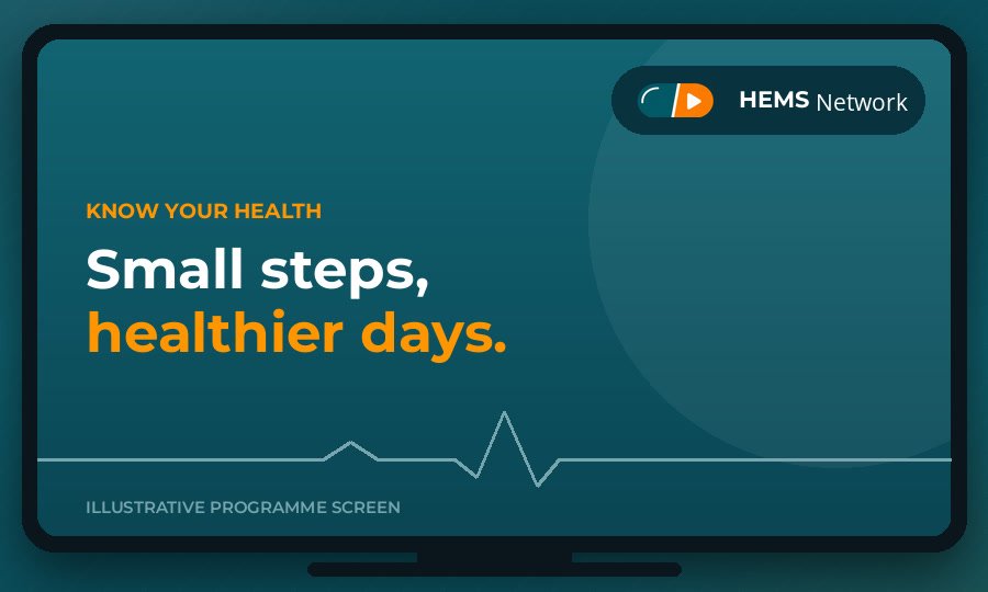 An illustrative MEDIMAGZA HEMS Network programme screen on a waiting-room TV